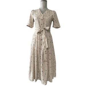 Oak + Fort shirt sleeve floral puff shoulder midi dress in beige